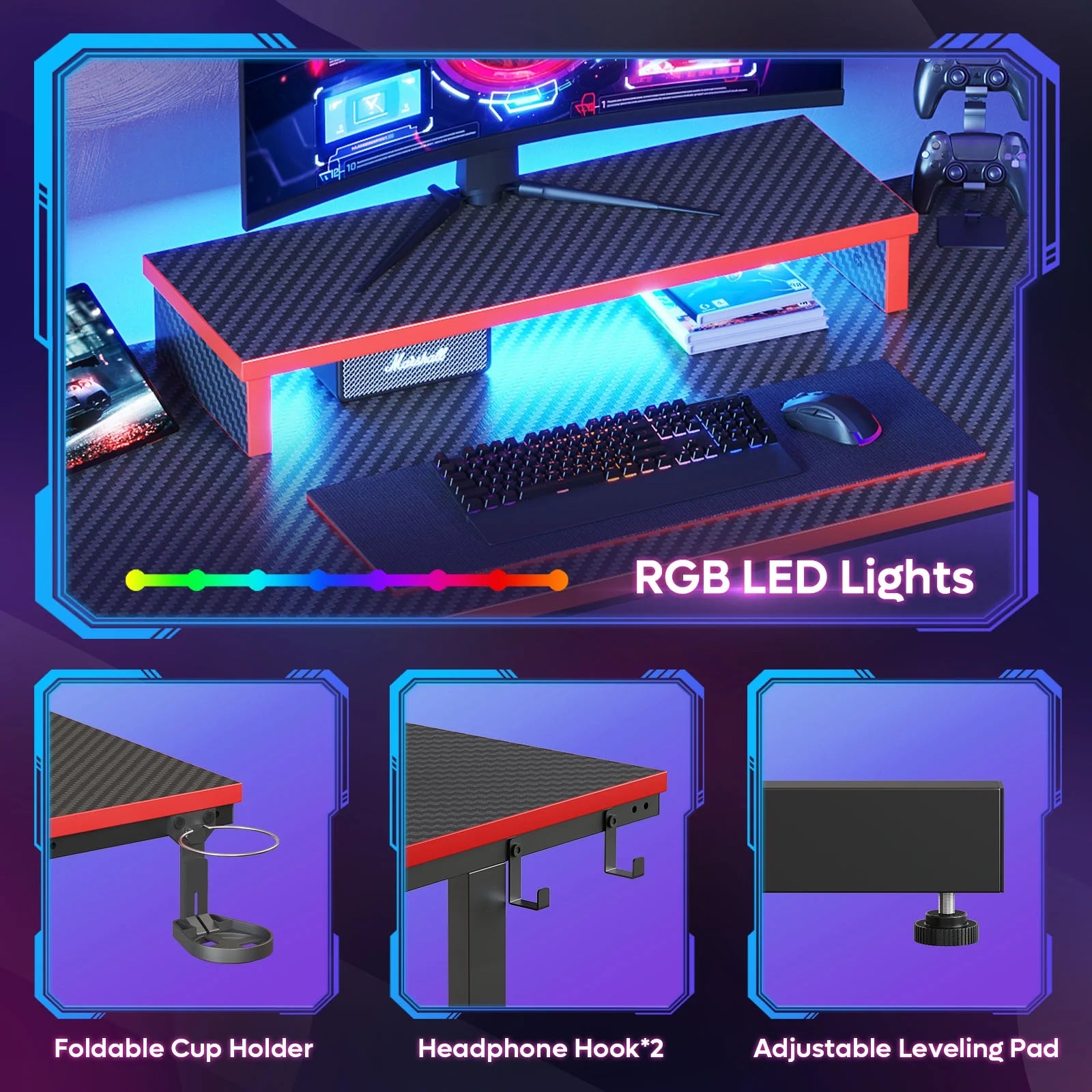 42" Gaming Desk PC Computer Office Gamer Table Desk with LED Lights & Monitor Stand & Headphone Hook in Carbon Fiber Red