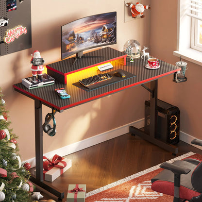 42" Gaming Desk PC Computer Office Gamer Table Desk with LED Lights & Monitor Stand & Headphone Hook in Carbon Fiber Red