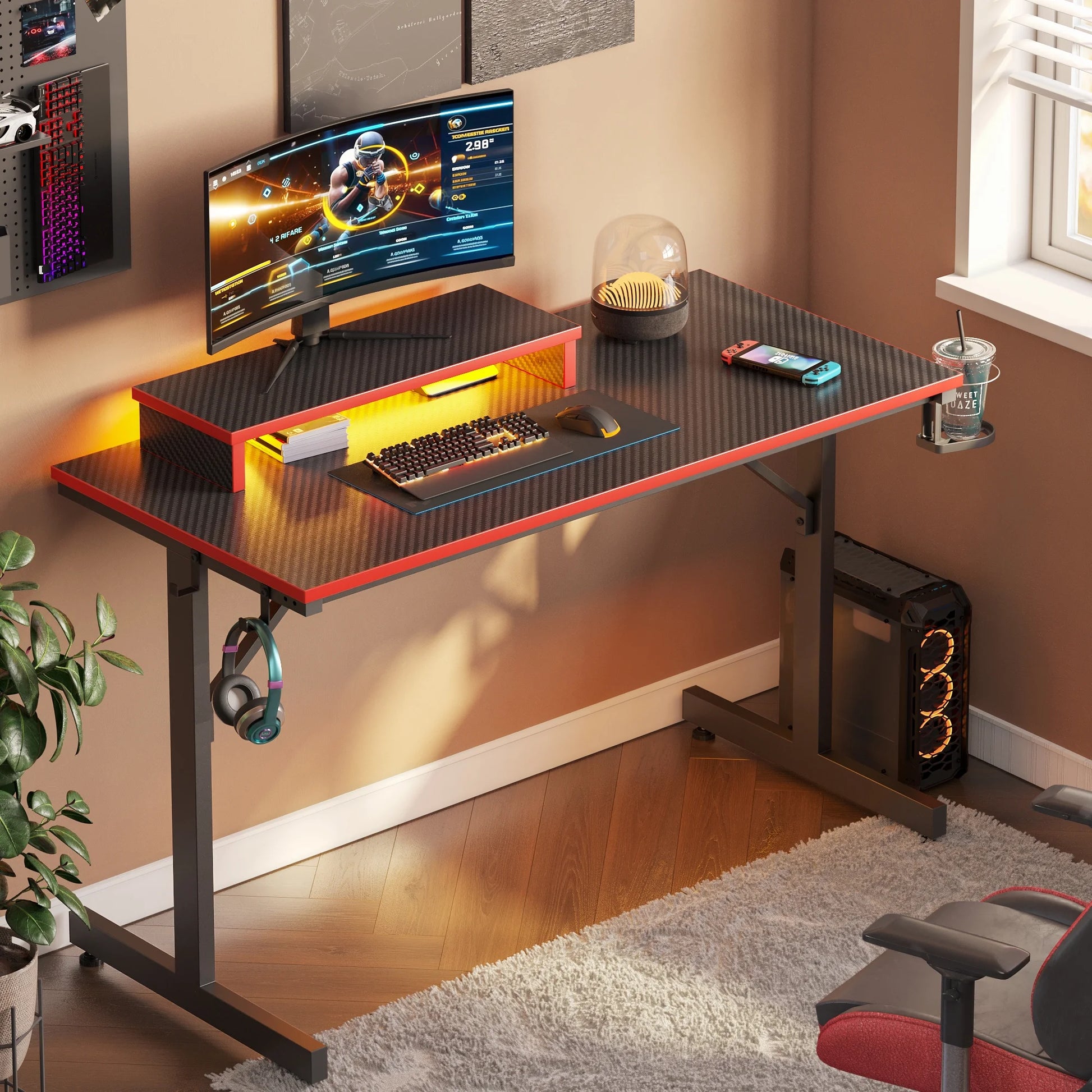 42" Gaming Desk PC Computer Office Gamer Table Desk with LED Lights & Monitor Stand & Headphone Hook in Carbon Fiber Red