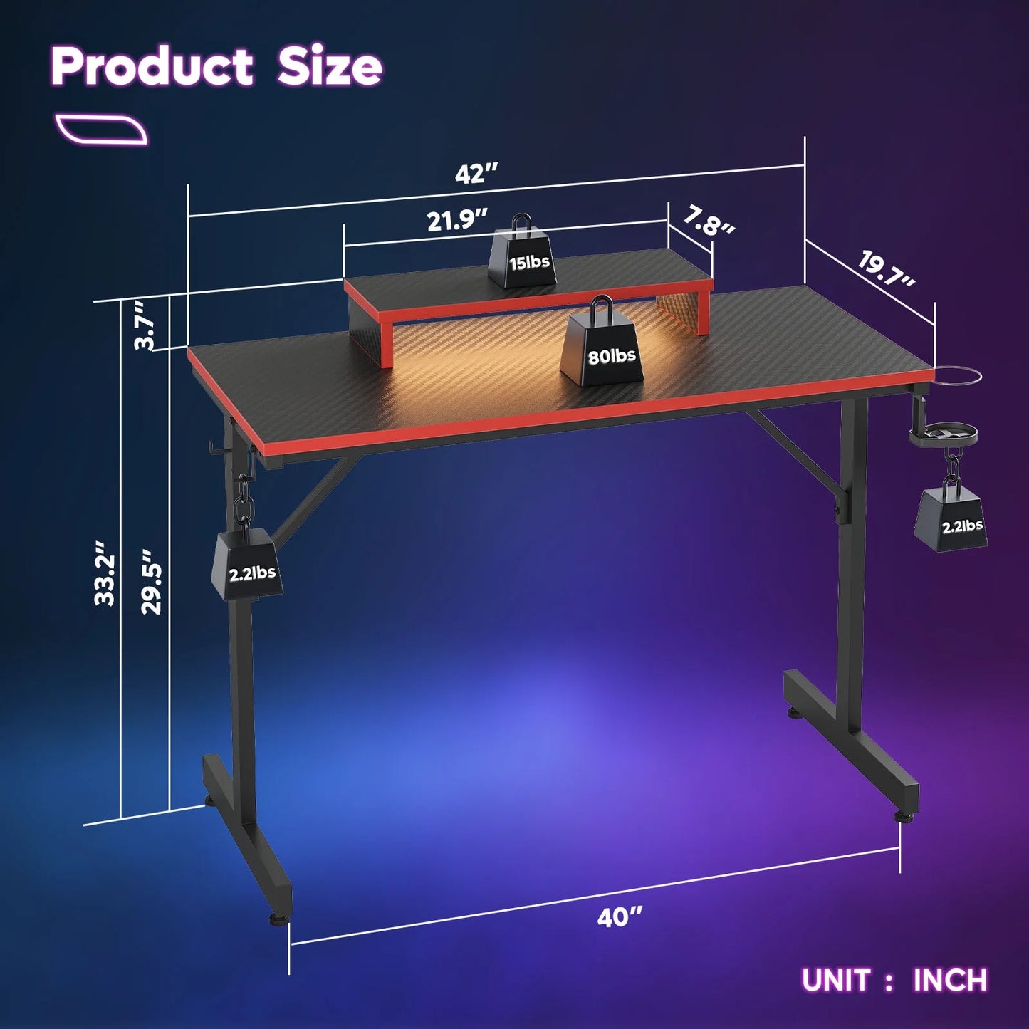 42" Gaming Desk PC Computer Office Gamer Table Desk with LED Lights & Monitor Stand & Headphone Hook in Carbon Fiber Red