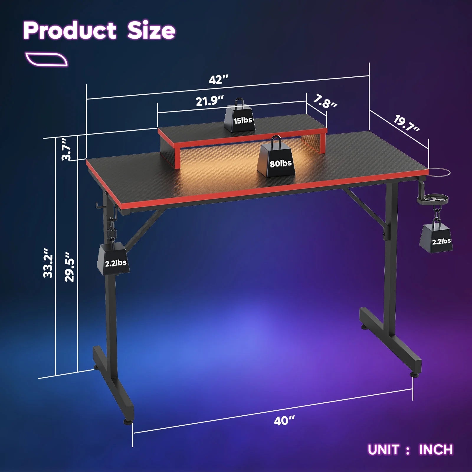 42" Gaming Desk PC Computer Office Gamer Table Desk with LED Lights & Monitor Stand & Headphone Hook in Carbon Fiber Red