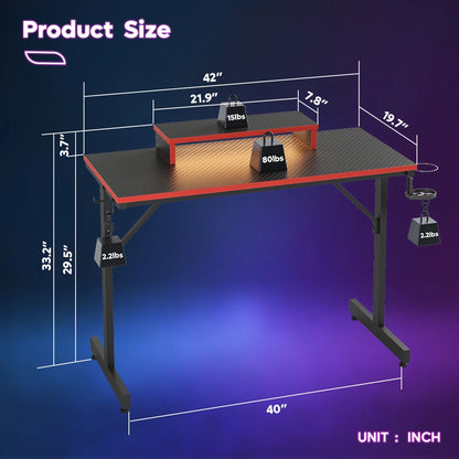 42" Gaming Desk PC Computer Office Gamer Table Desk with LED Lights & Monitor Stand & Headphone Hook in Carbon Fiber Red