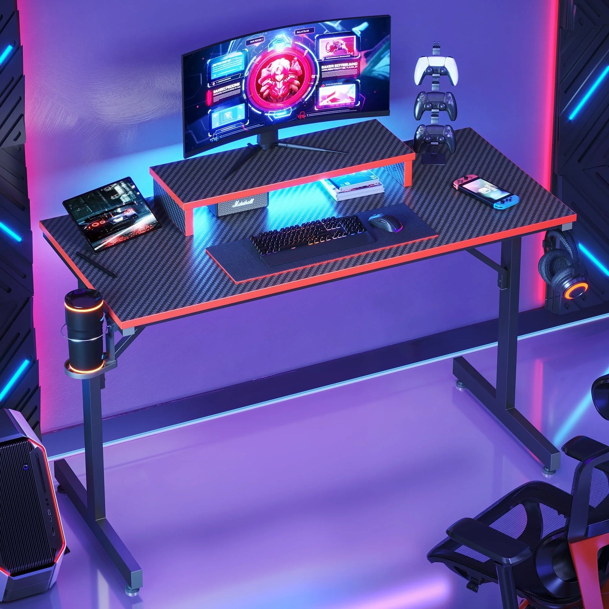 42" Gaming Desk PC Computer Office Gamer Table Desk with LED Lights & Monitor Stand & Headphone Hook in Carbon Fiber Red