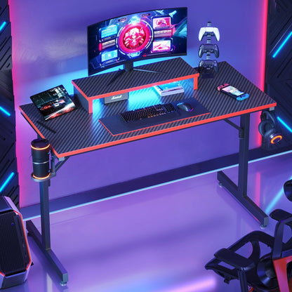 42" Gaming Desk PC Computer Office Gamer Table Desk with LED Lights & Monitor Stand & Headphone Hook in Carbon Fiber Red