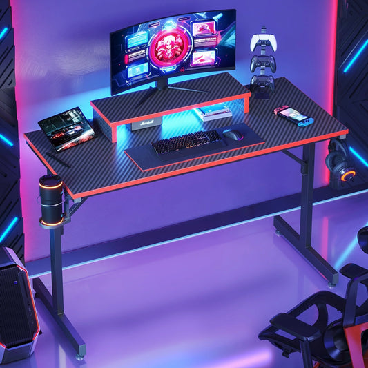 42" Gaming Desk PC Computer Office Gamer Table Desk with LED Lights & Monitor Stand & Headphone Hook in Carbon Fiber Red