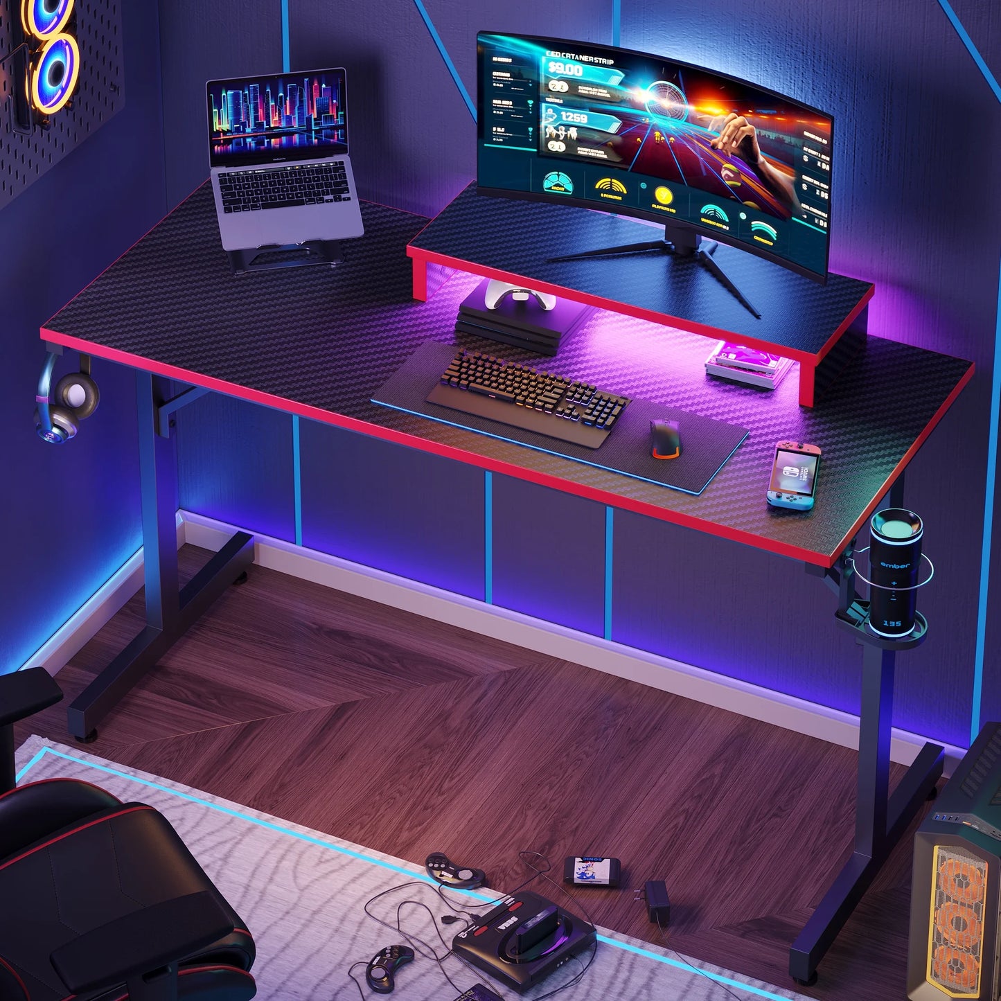 42" Gaming Desk PC Computer Office Gamer Table Desk with LED Lights & Monitor Stand & Headphone Hook in Carbon Fiber Red