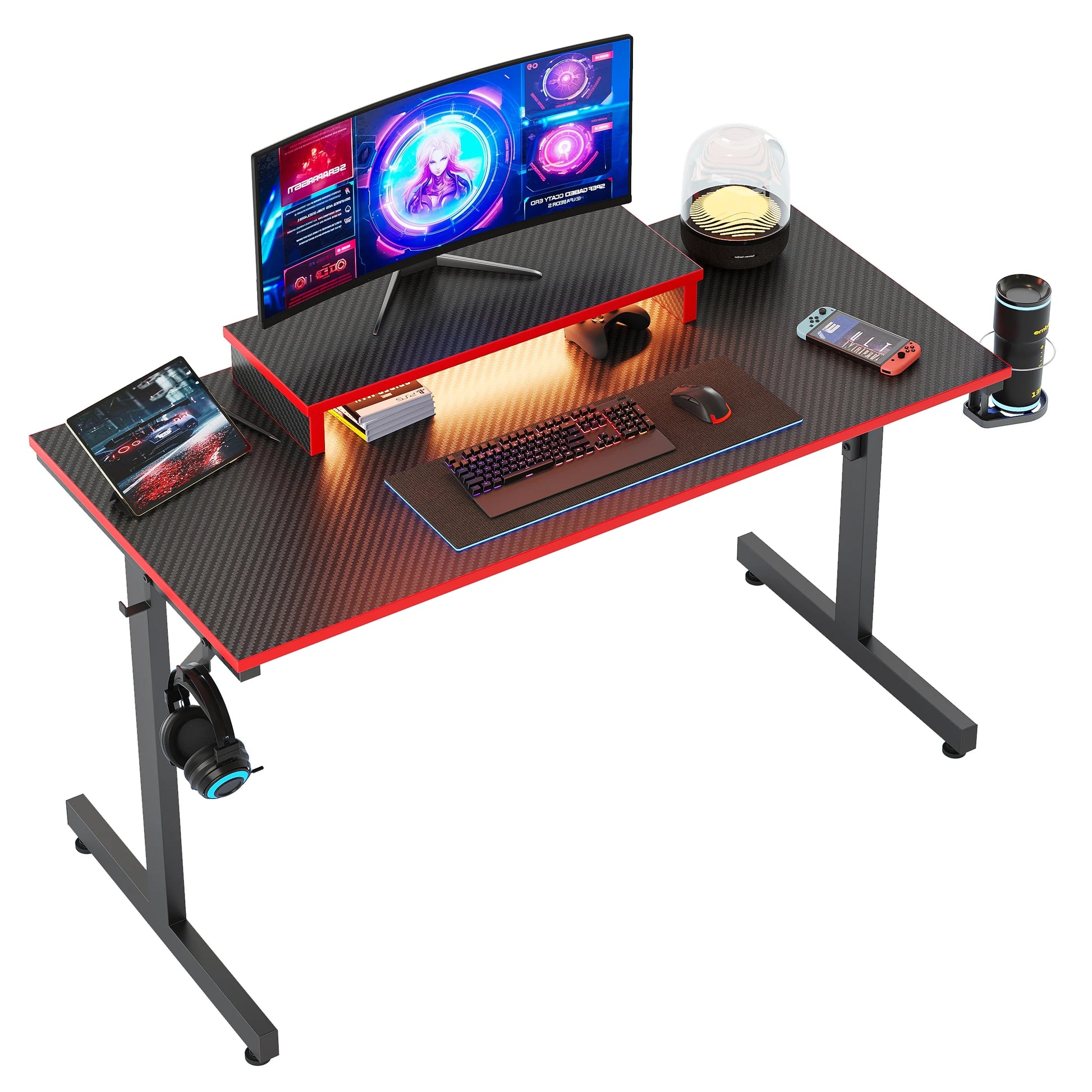42" Gaming Desk PC Computer Office Gamer Table Desk with LED Lights & Monitor Stand & Headphone Hook in Carbon Fiber Red
